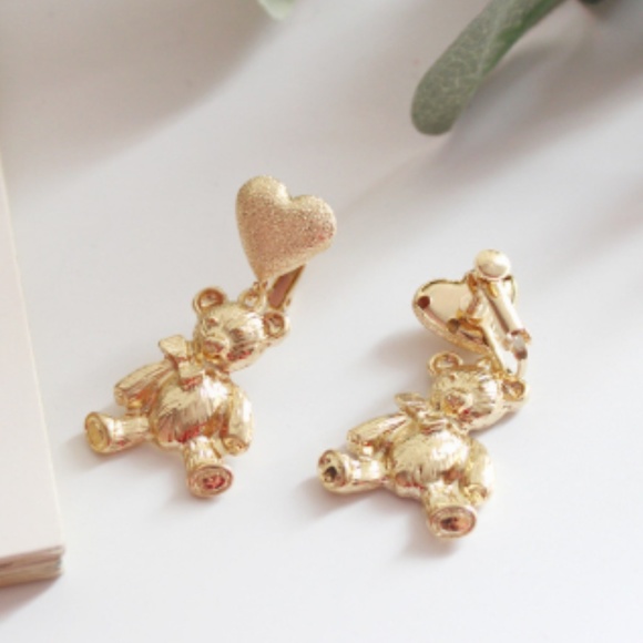 Gold Tone Teddy Bear Heart Earrings #1000016 - Picture 2 of 4